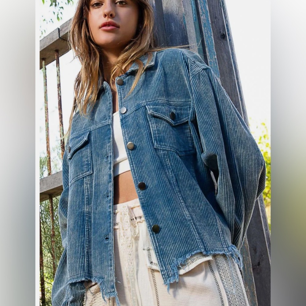 POL VINTAGE DISTRESSED CORDUROY DENIM BLUE RAW EDGE HEM JACKET SIZE S